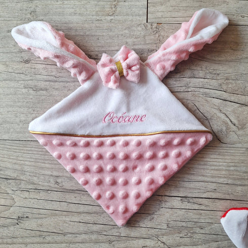 COFFRET: couverture minky x75cm + doudou minky nœud + un ensemble turban+bandeau+chaussons+moufles